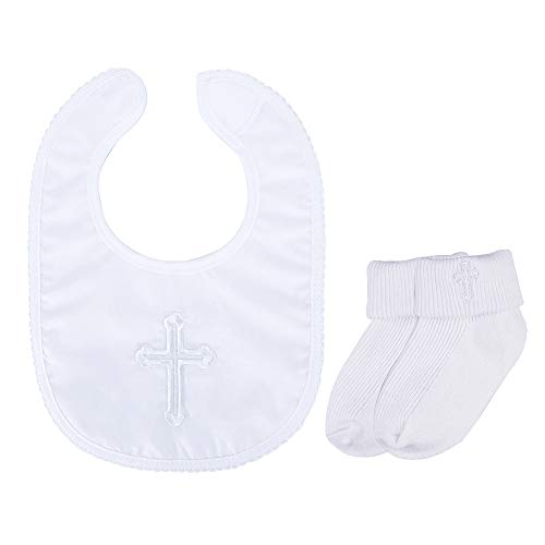 Infant Baby Boys' Girls' Christening Baptism Embroidered Cross Bib and Socks for Outfits - color: Cross Bib & Sock