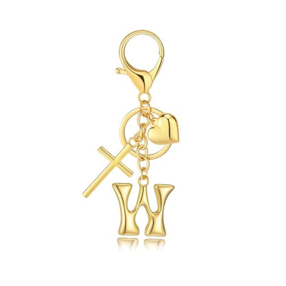 Initial Bag Charms Keychains Women, Cross Cute Heart Letter Key Chain Purse Backpack Handbags Keychain Christian Gift - color: Gold W
