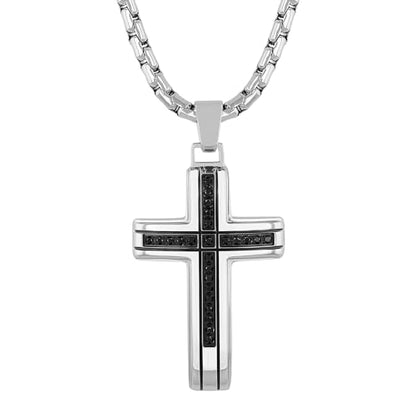 Steel Nation Men’s .25 CTW Black Diamond Cross Stainless Steel 24" Necklace