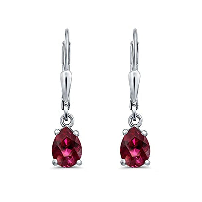 Teardrop Bridal Dangling Leverback Earrings Pear Cubic Zirconia 925 Sterling Silver - color: Simulated Ruby CZ