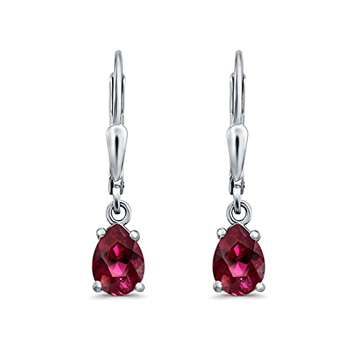 Teardrop Bridal Dangling Leverback Earrings Pear Cubic Zirconia 925 Sterling Silver - color: Simulated Ruby CZ