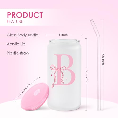 SANDJEST Monogrammed Glass Drinking Can Cup with Acrylic Lid and Straw, Personalized Frosted Iced Coffee Tumbler 16oz, Monogram Initial Gifts for Women Girls on Birthday (B) - color: B