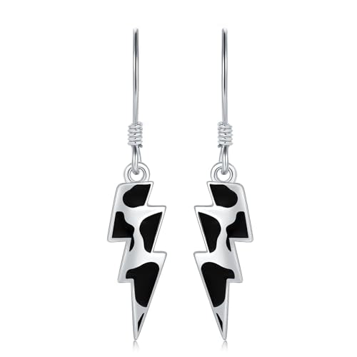 925 Sterling Silver Western Cow Print Drop Earrings for Women Cowgirl - color: Lightning Bolt Cow Print Earrings