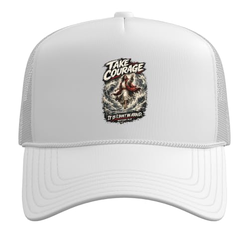 Take Courage It is I. Don't Be Afraid Bible Verse Art Trucker Hat with Adjustable Mesh Back - color: White