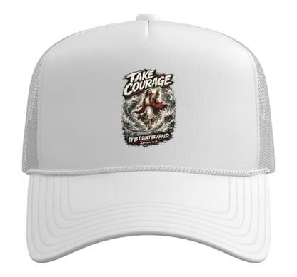 Take Courage It is I. Don't Be Afraid Bible Verse Art Trucker Hat with Adjustable Mesh Back - color: White