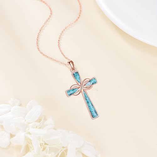 Infinity Cross Necklace S925 Sterling Silver Turquoise/Wooden/Opal/Abalone Cross Pendant Necklaces Christian Jewelry Gifts For Women - style: Rose Gold Turquoise Cross