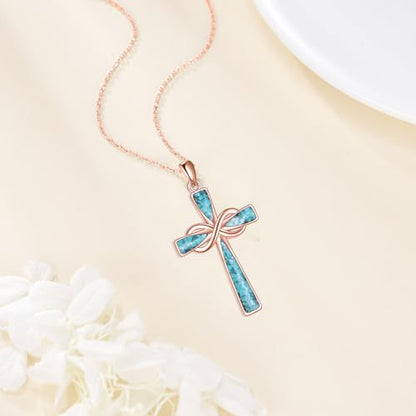 Infinity Cross Necklace S925 Sterling Silver Turquoise/Wooden/Opal/Abalone Cross Pendant Necklaces Christian Jewelry Gifts For Women - style: Rose Gold Turquoise Cross