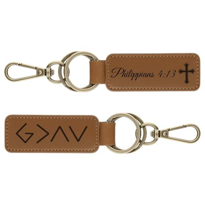 Custom Leather Christian Keychain, Personalized Engraved Bible Verse - color: Brown