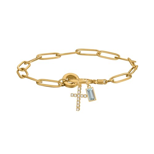 Paperclip Birthstone Cross Charm Bracelet – 18K Gold Plated Link Chain with Cross Charm & Personalized Birthstone, Adjustable Faith Jewelry Gift for Women, Baptism Confirmation Birthday - color: Mar - Aquamarine