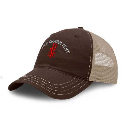 Custom Richardson Soft Mesh Cap Hat Embroidered Chi Rho with Alpha Omega Trucker Hats for Men & Women - color: Brown Khaki Personalized Text Here, size: One Size