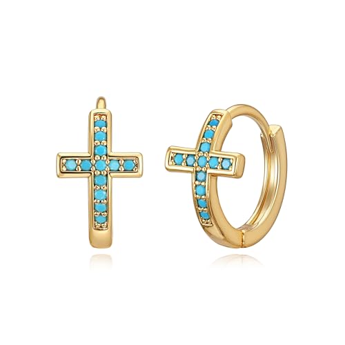 LOYATA Gold Cross Earrings for Women-14K Gold Plated Small Hoop Huggie Earrings Dainty Trendy CZ Cross Hoop Earring Cute Hypoallergenic Hoops Jewelry Gifts for Women Mothers Day Gifts for Mom - color: Turquoise