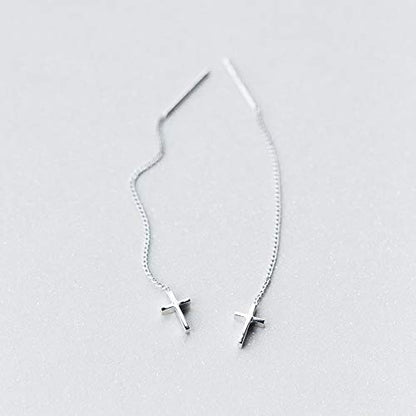 Minimalist Cross Threader Tassel Dangle Earrings S925 Sterling Silver Charm Long Dangling Drop Earring Fashion Jewelry Gift for Women Sensitive Ears Valentines Day Presents