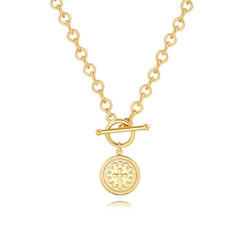 SOFYBJA Saint Benedict Necklace Drop 18K Gold Toggle Medallion Coin Cross Pendant Necklaces Religious Jewelry Catholic Gift for Women - color: Gold Chunky Link Water Droplet Chain Cross Coin Necklace