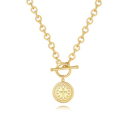 SOFYBJA Saint Benedict Necklace Drop 18K Gold Toggle Medallion Coin Cross Pendant Necklaces Religious Jewelry Catholic Gift for Women - color: Gold Chunky Link Water Droplet Chain Cross Coin Necklace
