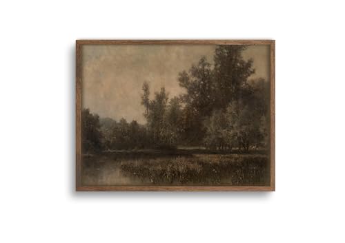 YSDPIC Vintage Forest Landscape Wall Art with Dark Wood Frame – 12x16 Inch Rustic Tree and Lake Painting, Curated Canvas Picture for Living Room, Study, Farmhouse, or Gift for Nature Lovers - color: Vintage Forest, size: 12"L x 16"W