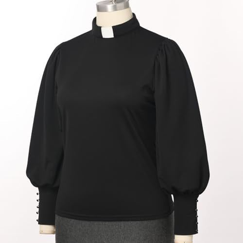 CAMDOM Womens Church Clergy Shirt Tab Collar Long Puff Sleeve with Cufflinks Blouse Top - size: XX-Large