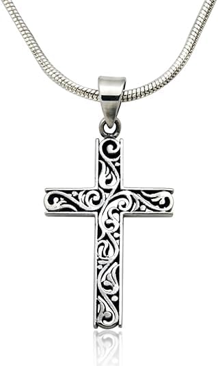 14K Gold Plated & Sterling Silver Filigree Celtic Cut Out Cross, Tree of Life Pendant For Womens, Chain Necklace 18 Inch - color: Silver Filigree Cross