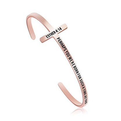Memgift 𝐂𝐫𝐨𝐬𝐬 𝐁𝐫𝐚𝐜𝐞𝐥𝐞𝐭 Religious Cuff Bangle 𝐁𝐢𝐛𝐥𝐞 𝐕𝐞𝐫𝐬𝐞 Christian Gifts Jewelry for 𝐖𝐨𝐦𝐞𝐧 - style: Rose gold-Perhaps you were born for such a time as this -Esther 4:14
