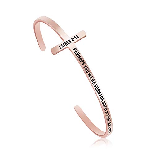 Memgift 𝐂𝐫𝐨𝐬𝐬 𝐁𝐫𝐚𝐜𝐞𝐥𝐞𝐭 Religious Cuff Bangle 𝐁𝐢𝐛𝐥𝐞 𝐕𝐞𝐫𝐬𝐞 Christian Gifts Jewelry for 𝐖𝐨𝐦𝐞𝐧 - style: Rose gold-Perhaps you were born for such a time as this -Esther 4:14