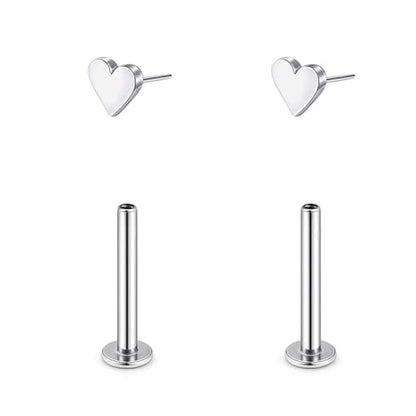 1 Pairs G23 Titanium 20G/18G/16G Press Fit Threadless Push Pop Top 4mm Flat Back Piercing Lip Stud Earring Labret Monroe Lip Ring Tragus Cartilage Bar Lehgth 6mm-12mm - color: 1 Pair Heart