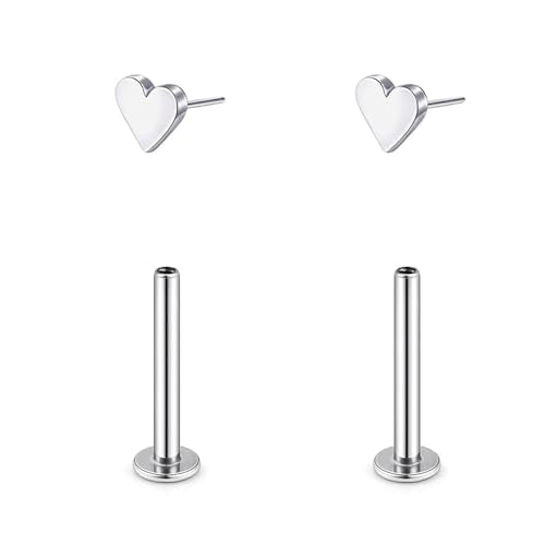 1 Pairs G23 Titanium 20G/18G/16G Press Fit Threadless Push Pop Top 4mm Flat Back Piercing Lip Stud Earring Labret Monroe Lip Ring Tragus Cartilage Bar Lehgth 6mm-12mm - color: 1 Pair Heart