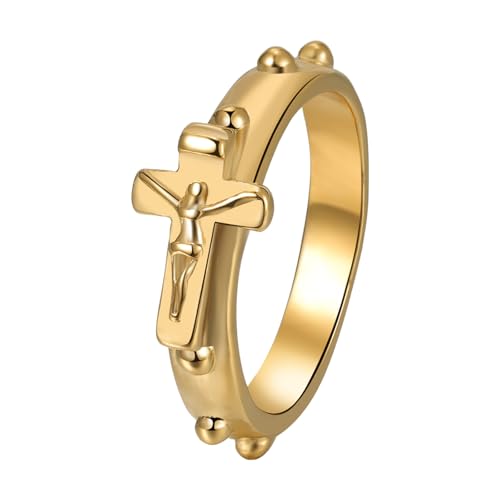 Jesus Cross Ring for Men: Gold Stainless Steel Christian Religious Ring Band Faith Jewelry Gifts for Husband Dad Boyfriend, Size 8-13