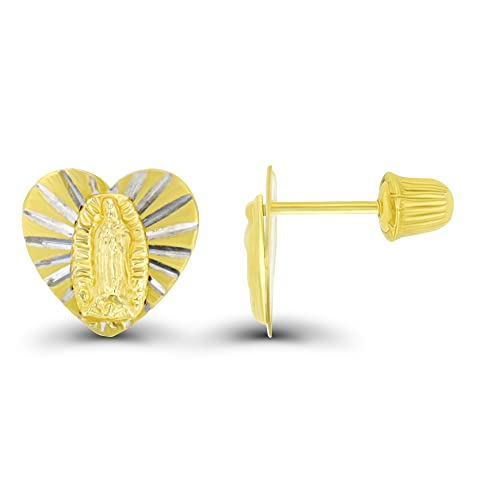 14K Yellow Solid Gold Religious Earrings | Virgin Mary & Lady Guadalupe Stud Earrings - color: ScrewBack-Heart Virgin Mary-9.50x10mm