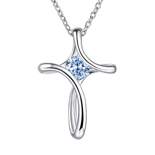 Cross Necklace for Women 925 Sterling Silver Birthstone Necklace for Women - color: 03-March-Aquamarine