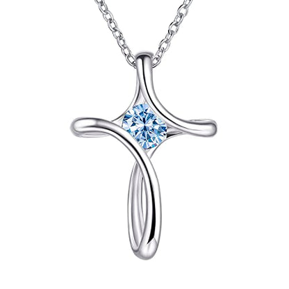 Cross Necklace for Women 925 Sterling Silver Birthstone Necklace for Women - color: 03-March-Aquamarine