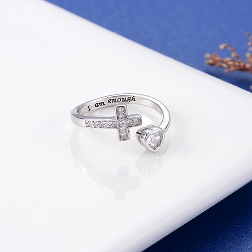 APOTIE 925 Sterling Silver Cross Ring - True Love Wait Purity Ring Cubic Zirconia Adjustable Ring Jewelry Gift for Women - style: I am enough