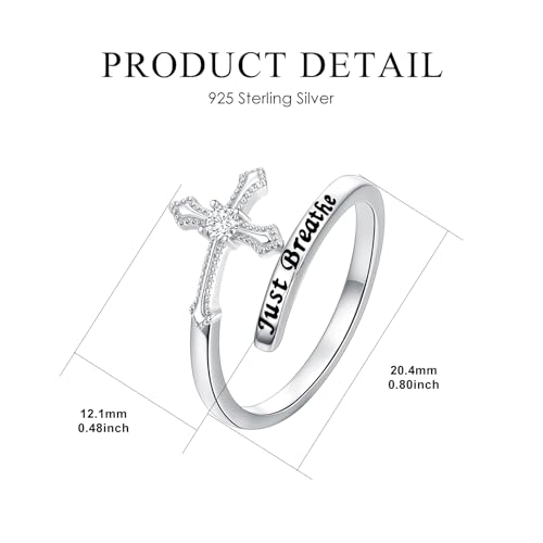 ROMANTICWORK Just Breathe Ring 925 Sterling Silver Cross/Lotus/Dandelion Adjustable Opening Ring Inspirational Jewelry for Women Birthday Christmas Gifts - style: Cross