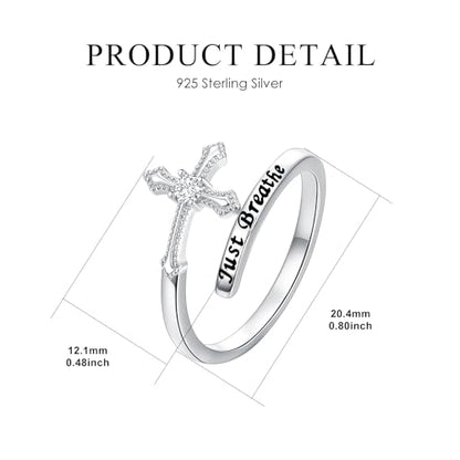ROMANTICWORK Just Breathe Ring 925 Sterling Silver Cross/Lotus/Dandelion Adjustable Opening Ring Inspirational Jewelry for Women Birthday Christmas Gifts - style: Cross