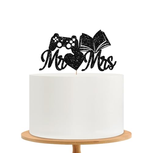 Gamer and Book Reader Wedding Cake Topper, Funny Mr & Mrs Cake Decor, Black Glitter Game Console and Book Couple Cake Topper for Engagement/Anniversary/Bridal Shower Party Decoration - style: Game&Book