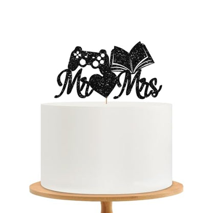 Gamer and Book Reader Wedding Cake Topper, Funny Mr & Mrs Cake Decor, Black Glitter Game Console and Book Couple Cake Topper for Engagement/Anniversary/Bridal Shower Party Decoration - style: Game&Book
