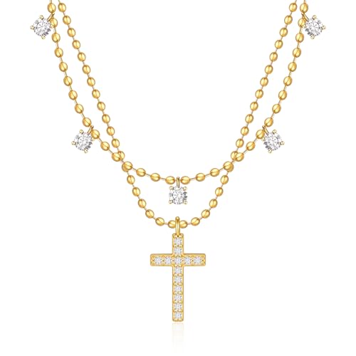Rotnso Cross Necklace for Women 14K Gold Plated Dainty Small Pendant Choker - style: 2 Layered Bead+Diamond Cross-GD