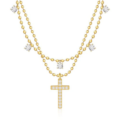 Rotnso Cross Necklace for Women 14K Gold Plated Dainty Small Pendant Choker - style: 2 Layered Bead+Diamond Cross-GD