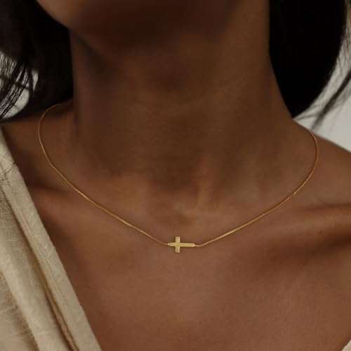 Rotnso Cross Necklace for Women 14K Gold Plated Dainty Small Pendant Choker - style: Thin Box Chain Sideways Cross-GD