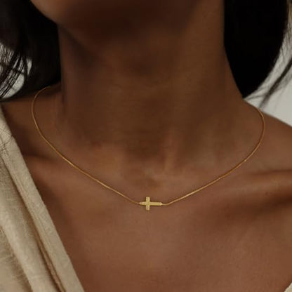 Rotnso Cross Necklace for Women 14K Gold Plated Dainty Small Pendant Choker - style: Thin Box Chain Sideways Cross-GD