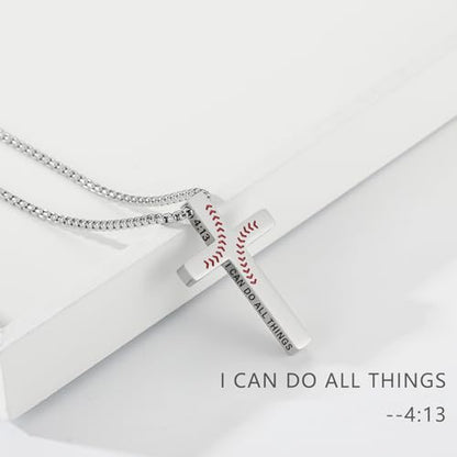 Baseball Bible Verse Cross Necklace for Boys Men, Stainless Steel Cross Pendant Baseball Game Day Christian Religious Jewelry Gifts for Teen Boys Kids - color: Silver, style: PHILIPPIANS 4:13
