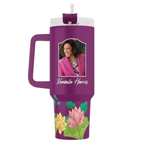 40oz Kamala Harris Tumbler with Floral Design – Stainless Steel Insulated Drinkware for Women, Portrait of Kamala Harris, Handle, Straw, and Twist-On Lid – Leak-Proof Inspirational Gift - color: Kamala Harris