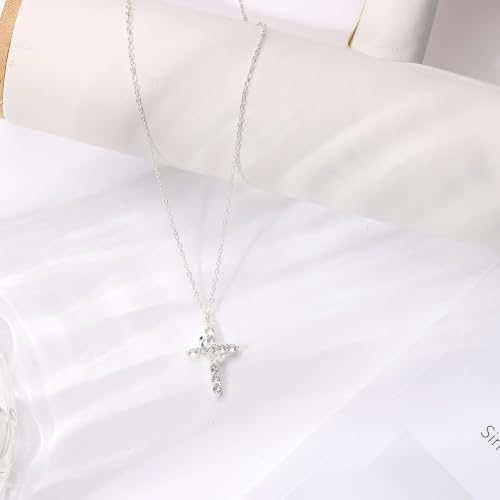 Upgraded Crown Cross Necklace for Women, CZ Pendant 18+2 - color: silver