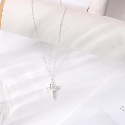 Upgraded Crown Cross Necklace for Women, CZ Pendant 18+2 - color: silver