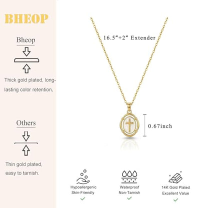 Bheop Cross Necklace for Women, 14K Gold Silver Enamel Pendant Necklace - color: Gold