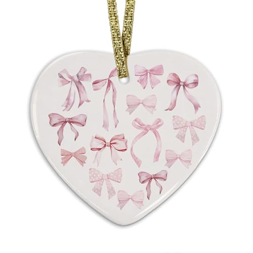 Coquette Pink Bow Christmas Ornament, Trendy Preppy Pink Bow Hanging Heart Ornaments for Christmas Tree Holiday Party Decorations, Girly Xmas Decorative Ornaments Keepsake TCP - color: Bow-pink-2