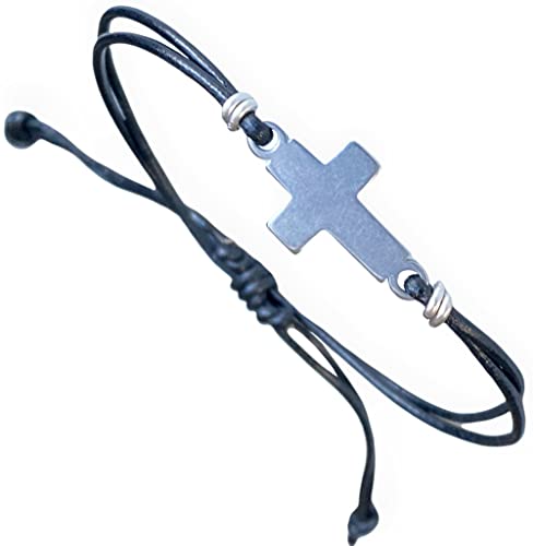 Store Mens Cross Bracelet Genuine Leather and Stainless Steel Sideways Cross Charm Adjustable Unisex Model