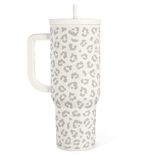 SANDJEST Leopard Tumbler with Handle, Insulated Cup Stainless Steel Travel Mug Cup, Gifts for Women Girl on Birthday Christmas, Cream Leopard, 40oz - color: Cream Leopard