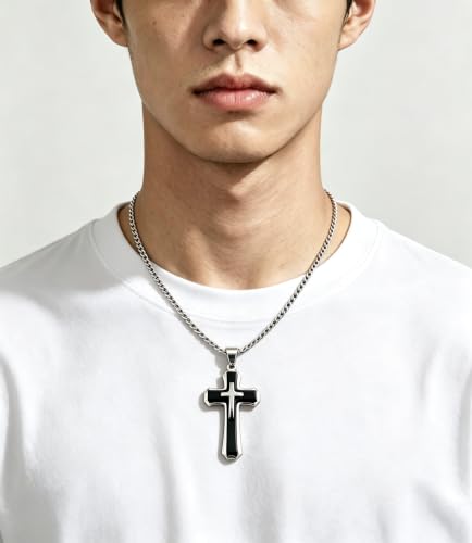 Men's Layered Cross Pendant Necklace, 2.1x1.2 inch Religious Charm, 21.6" 5mm Stainless Steel Cuban Chain, 18K Gold & Black Plated, Bonus 23.6" Square Pearl Chain, Marble Gift Box for Dad - color: Silver & Black