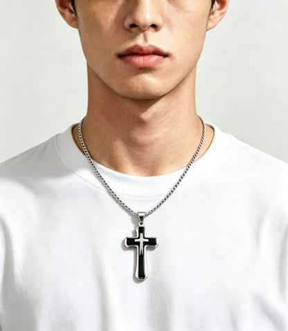 Men's Layered Cross Pendant Necklace, 2.1x1.2 inch Religious Charm, 21.6" 5mm Stainless Steel Cuban Chain, 18K Gold & Black Plated, Bonus 23.6" Square Pearl Chain, Marble Gift Box for Dad - color: Silver & Black