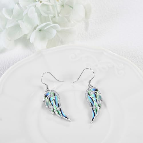 URONE Angel Wings Earring for Women Sterling Silver Fashion Dangle Drop Earring Angel Jewelry for Women - color: silver+abalone shell