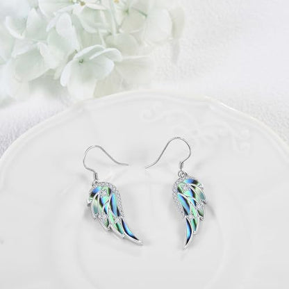 URONE Angel Wings Earring for Women Sterling Silver Fashion Dangle Drop Earring Angel Jewelry for Women - color: silver+abalone shell